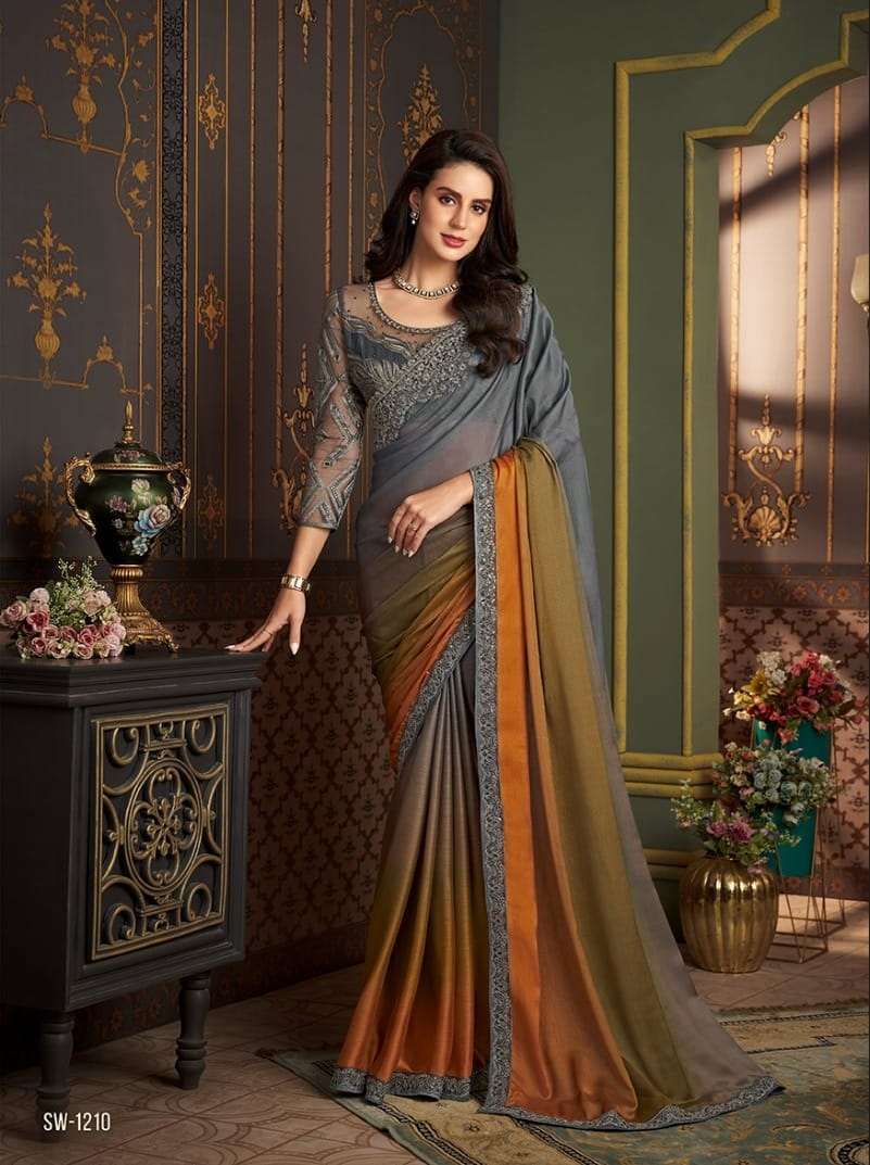 LATEST DESIGNER FANCY WEDDING PARTY WEAR SARTIN SILK INDIAN GREY SAREE WITH SM TFH 1210