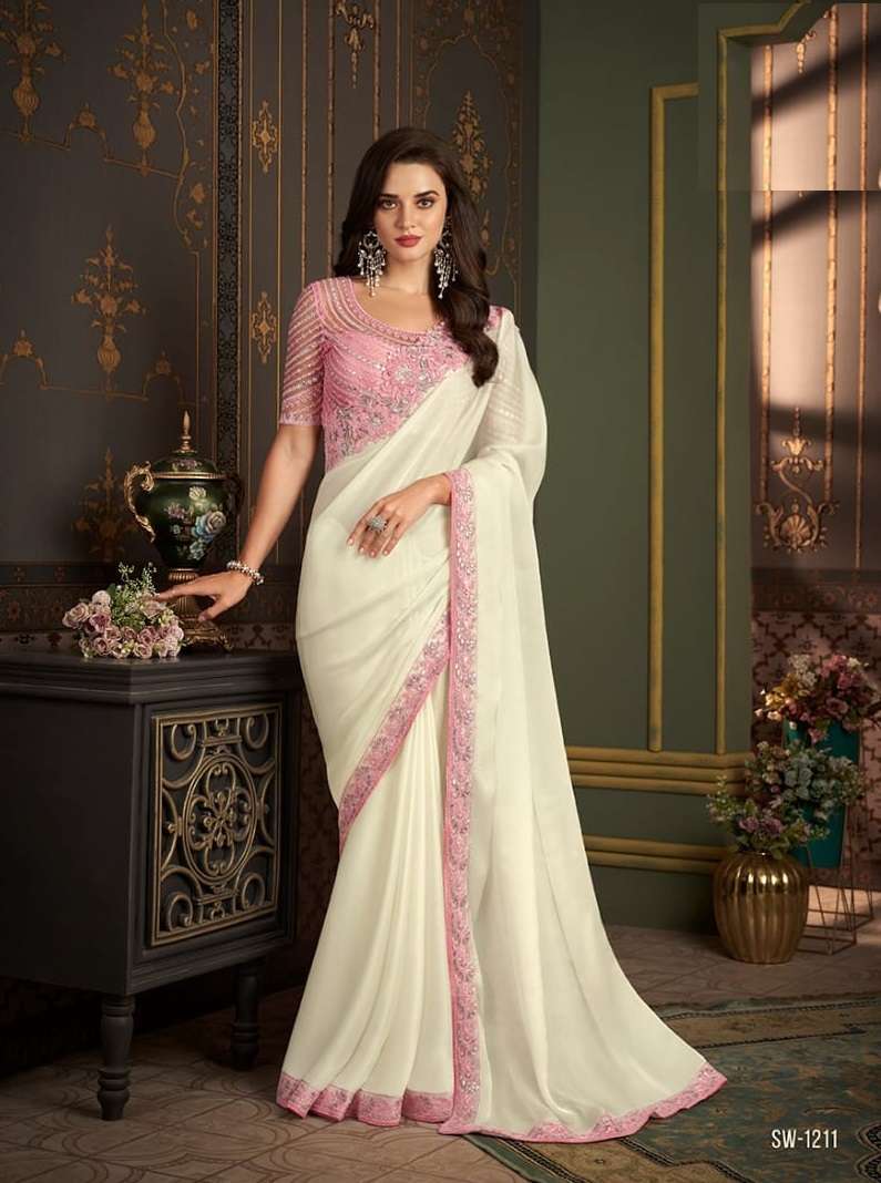 LATEST DESIGNER FANCY WEDDING PARTY WEAR SARTIN SILK INDIAN WHITE SAREE WITH SM TFH 1211