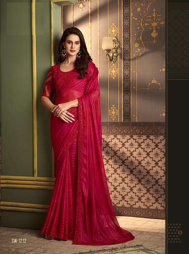 LATEST DESIGNER FANCY WEDDING PARTY WEAR SARTIN SILK INDIAN RED SAREE WITH SM TFH 1212