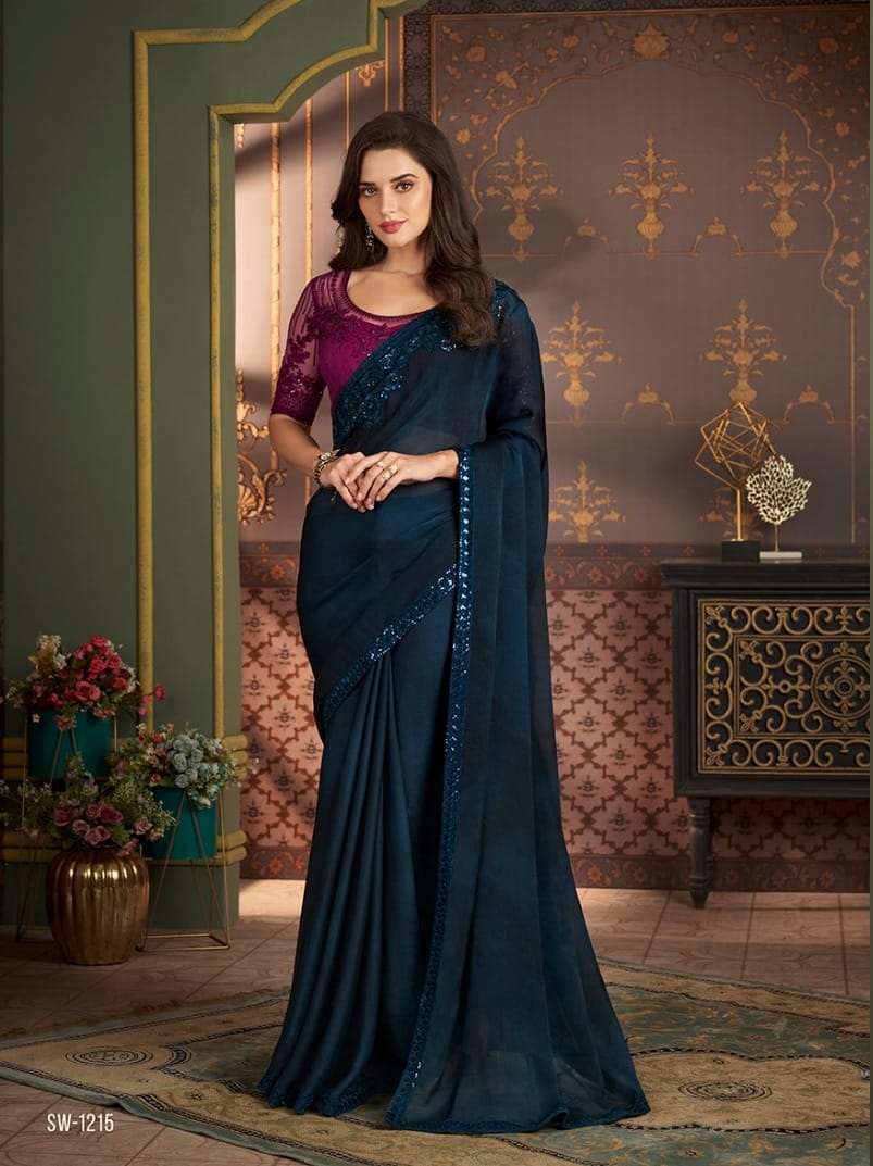 LATEST DESIGNER FANCY WEDDING PARTY WEAR SARTIN SILK INDIAN BLUE SAREE WITH SM TFH 1215