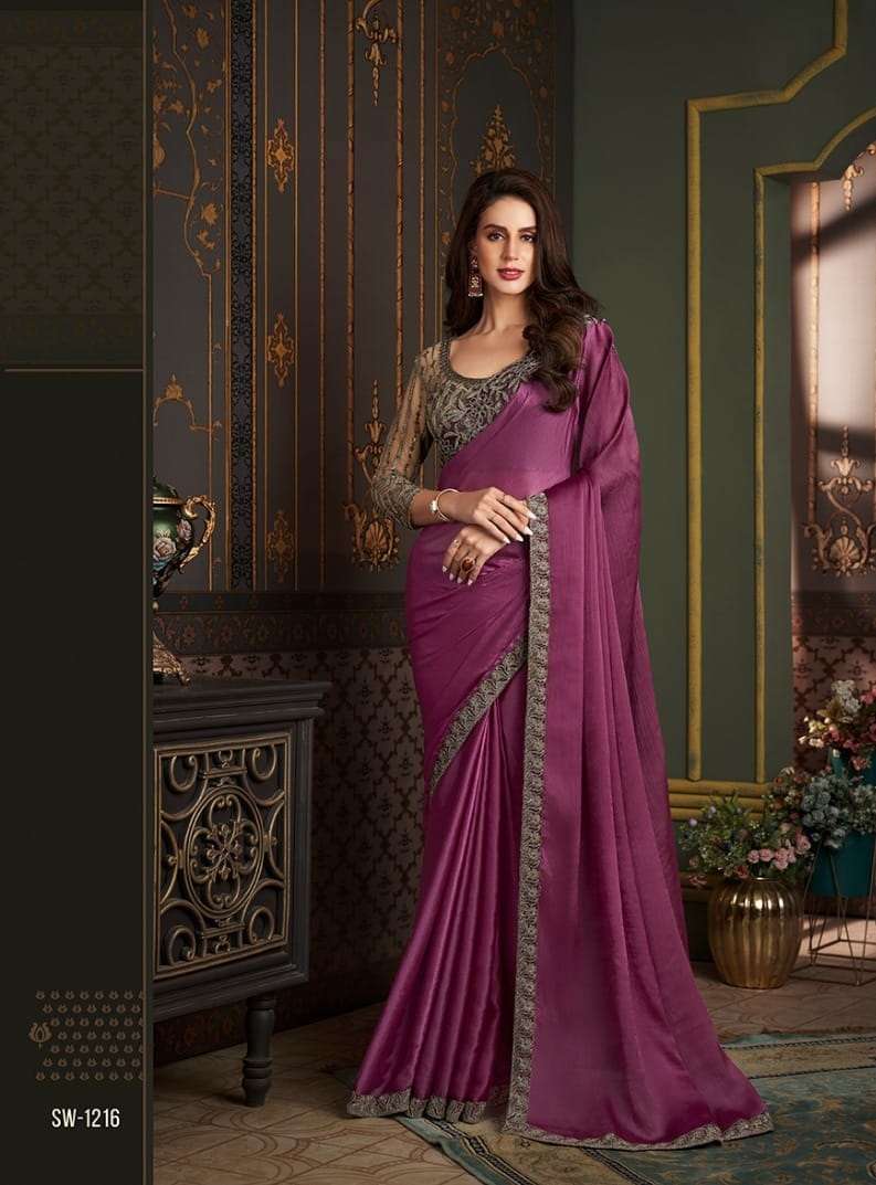 LATEST DESIGNER FANCY WEDDING PARTY WEAR SARTIN SILK INDIAN PINK SAREE WITH SM TFH 1216