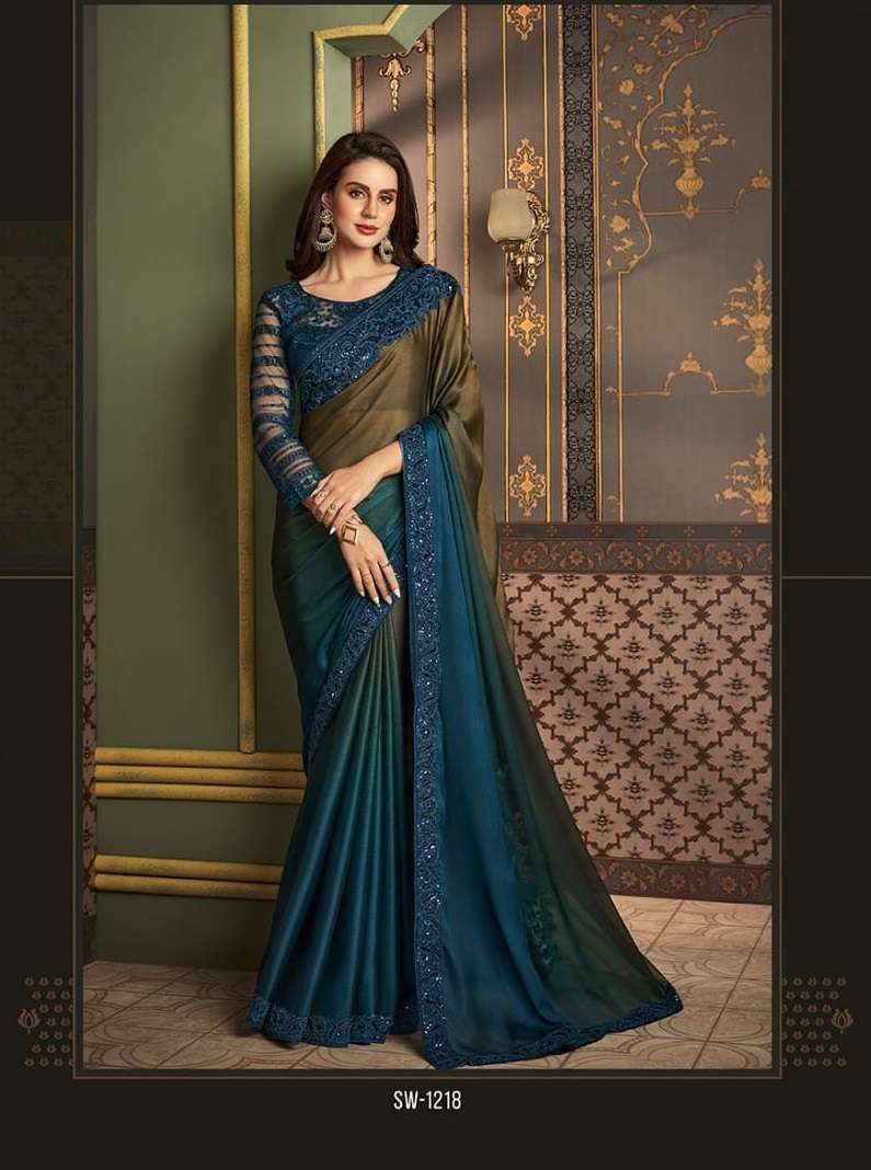 LATEST DESIGNER FANCY WEDDING PARTY WEAR SARTIN SILK INDIAN BLUE SAREE WITH SM TFH 1218