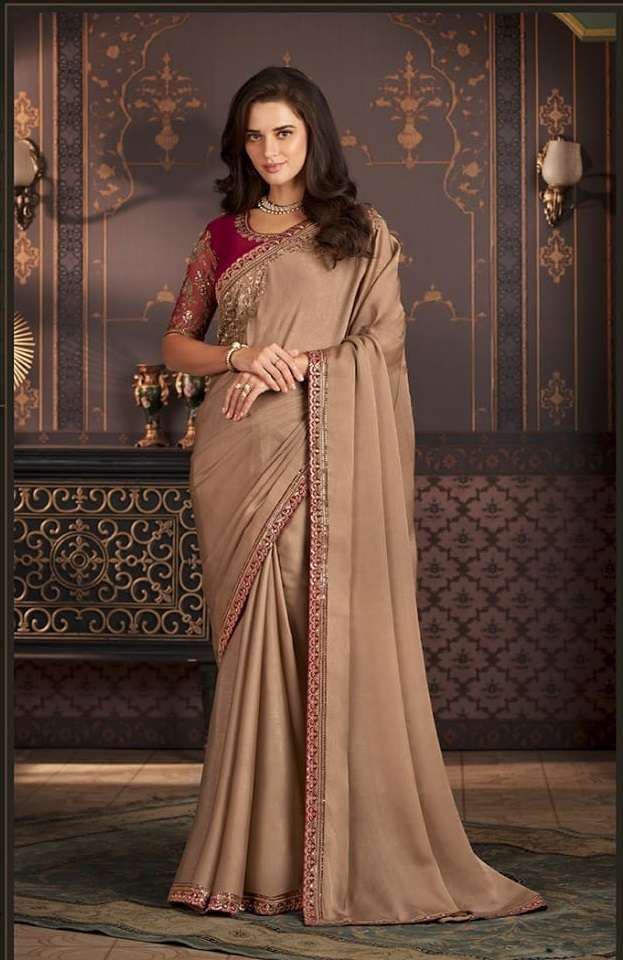 LATEST DESIGNER FANCY WEDDING PARTY WEAR SARTIN SILK INDIAN BEIGE SAREE WITH SM TFH 1217