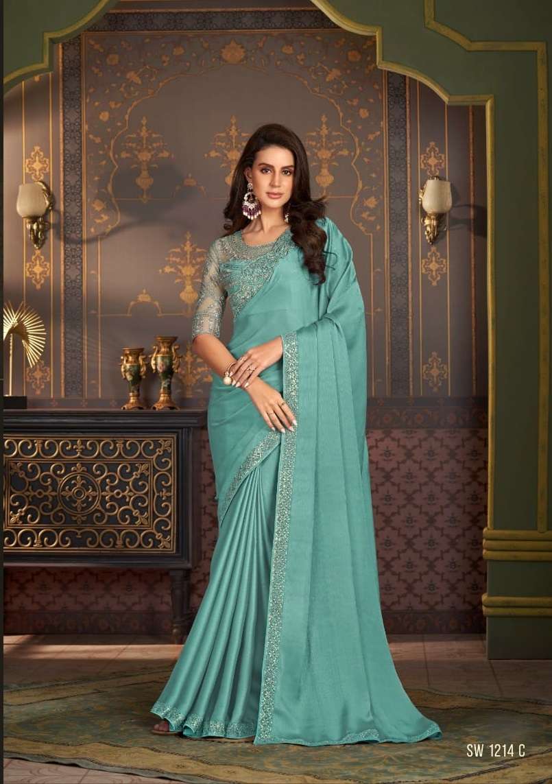 LATEST DESIGNER FANCY WEDDING PARTY WEAR SKY BLUE SARTIN SILK INDIAN SAREE WITH SM TFH 1214 C