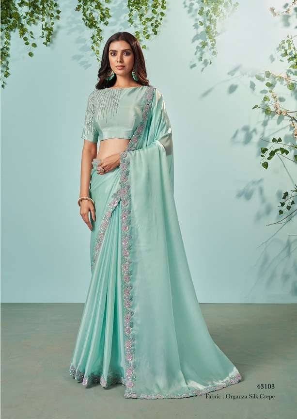 LATEST DESIGNER FANCY WEDDING PARTY WEAR SKY BLUE FANCY SILK INDIAN SAREE WITH SM TFH 43103