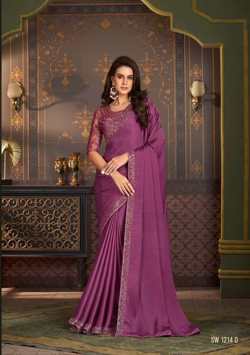 LATEST DESIGNER FANCY WEDDING PARTY WEAR WINE SARTIN SILK INDIAN SAREE WITH SM TFH 1214 D