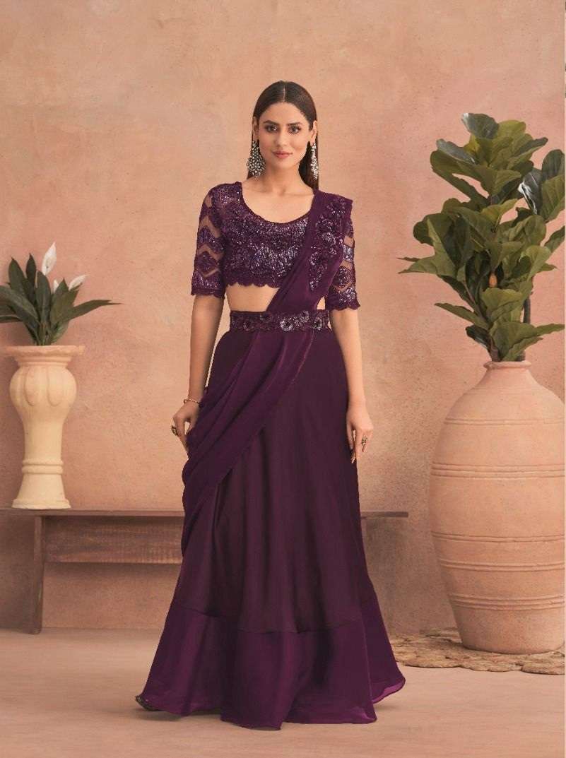 LATEST DESIGNER FANCY WEDDING PARTY WEAR WINE SATIN SILK INDIAN SAREE WITH BELT SM TFH SUPER STAR 7302D