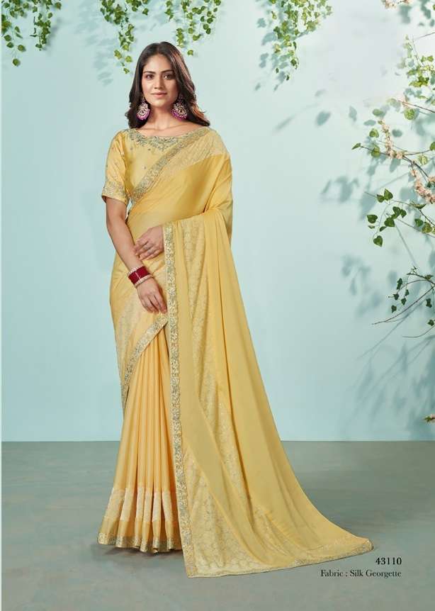 LATEST DESIGNER FANCY WEDDING PARTY WEAR YELLOW FANCY SILK INDIAN SAREE WITH SM TFH 43110