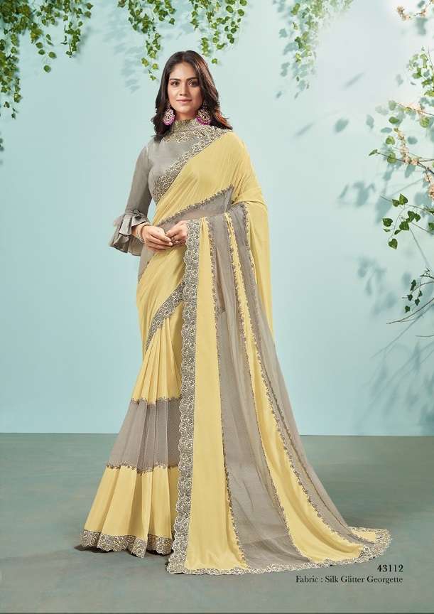 LATEST DESIGNER FANCY WEDDING PARTY WEAR YELLOW FANCY SILK INDIAN SAREE WITH SM TFH 43112