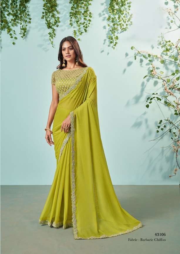 LATEST DESIGNER FANCY WEDDING PARTY WEAR YELLOW GREEN FANCY SILK INDIAN SAREE WITH SM TFH 43106