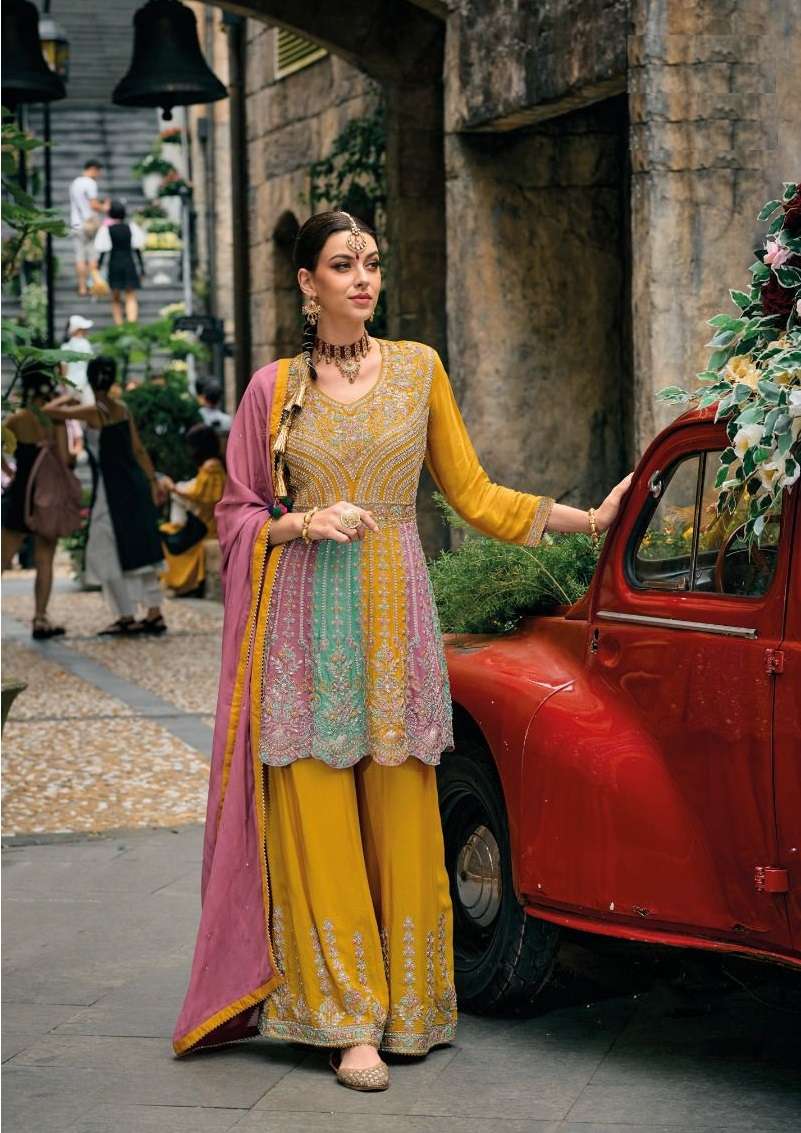 NEW DESIGNER READY TO WEAR PARTY WEAR CHINON INDIAN PAKISATNI YELLOW SHARARA SALWAR SUIT RH BARBIE 1608