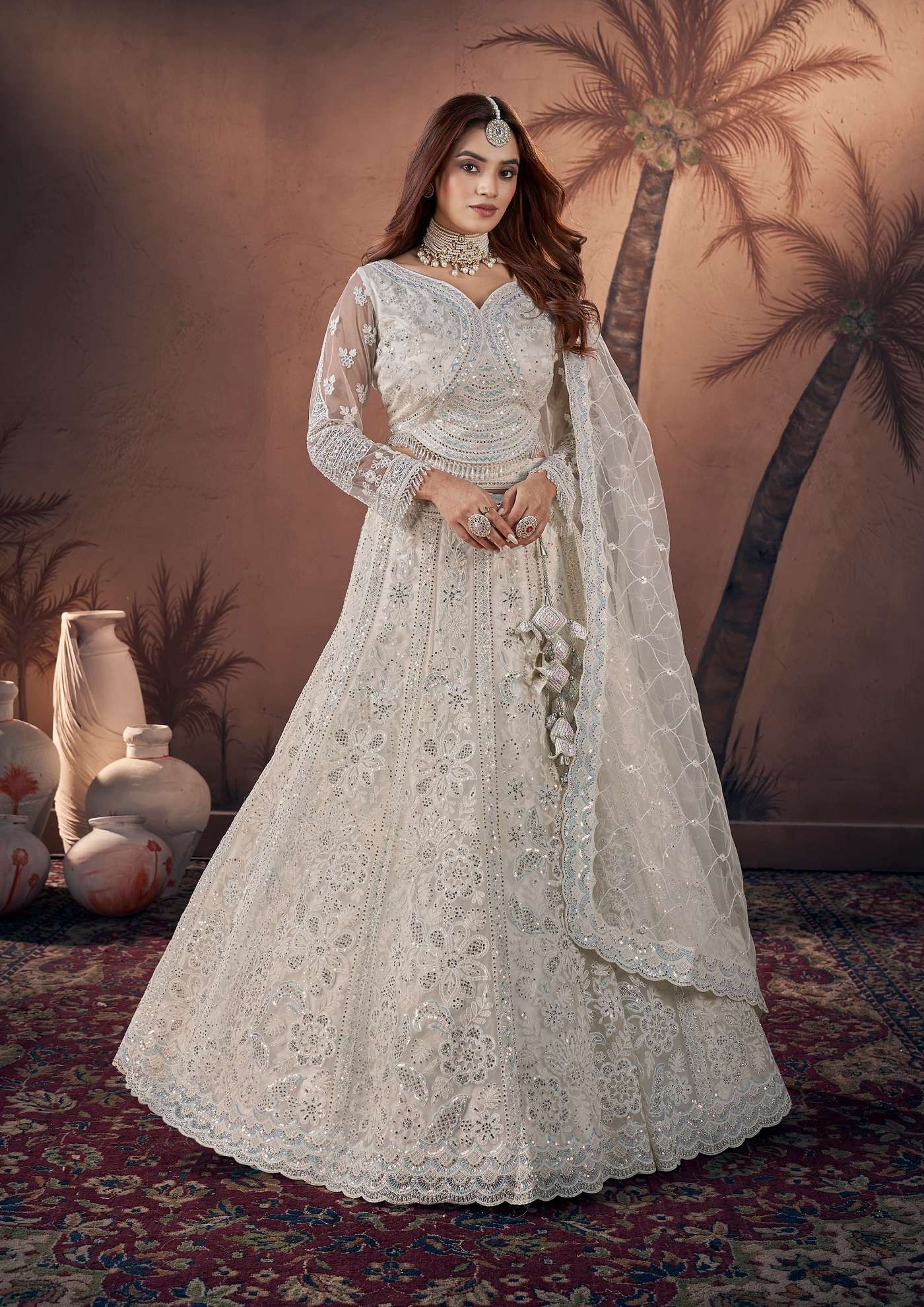 BEST QUALITY INDIAN DESIGNER BOLLYWOOD WEDDING PARTY READY TO WEAR OFF WHITE LEHENGA CHOLI AT WHOLESALE RATE DST 9001