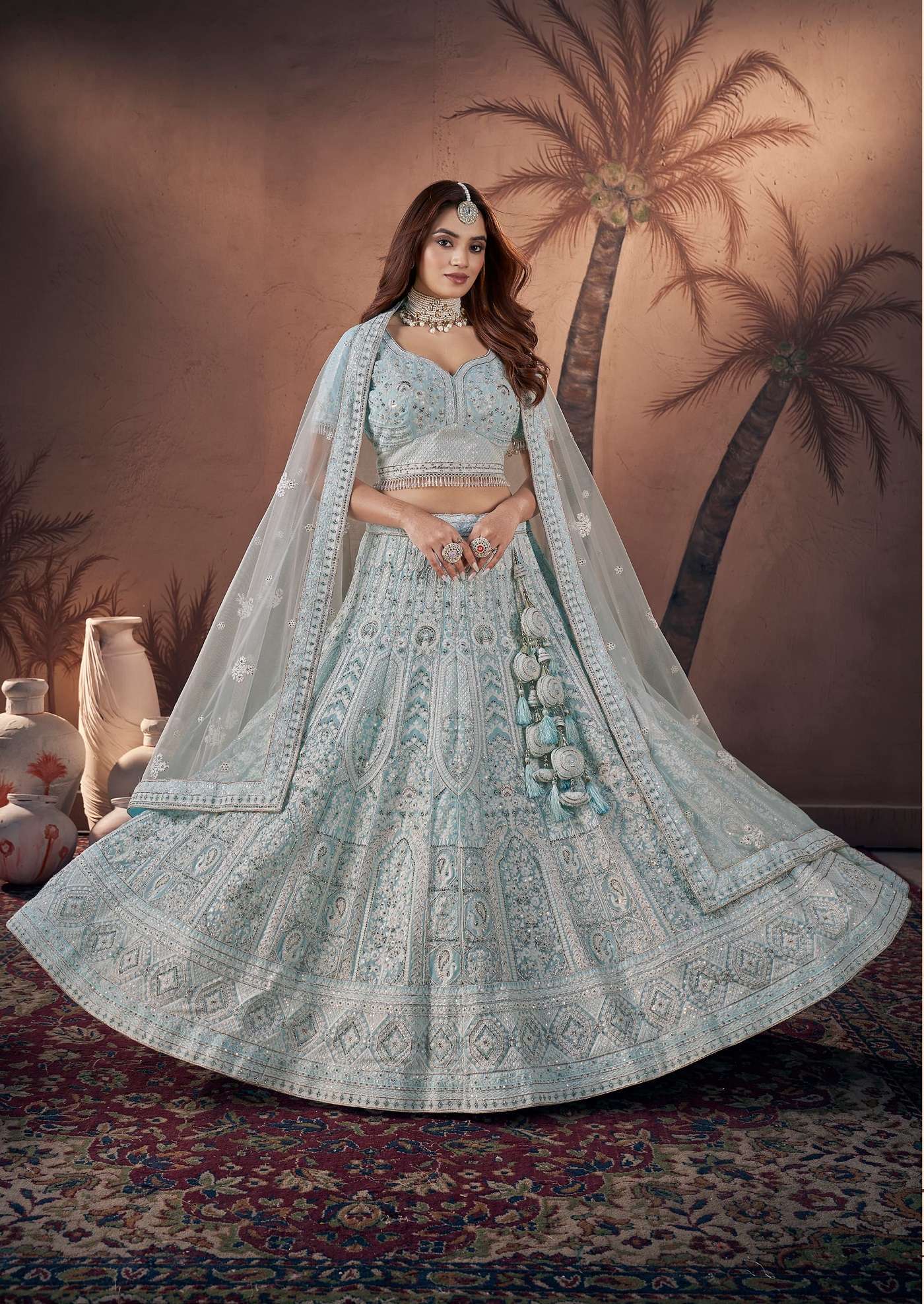 BEST QUALITY INDIAN DESIGNER BOLLYWOOD WEDDING PARTY READY TO WEAR SKY BLUE LEHENGA CHOLI AT WHOLESALE RATE DST 9002