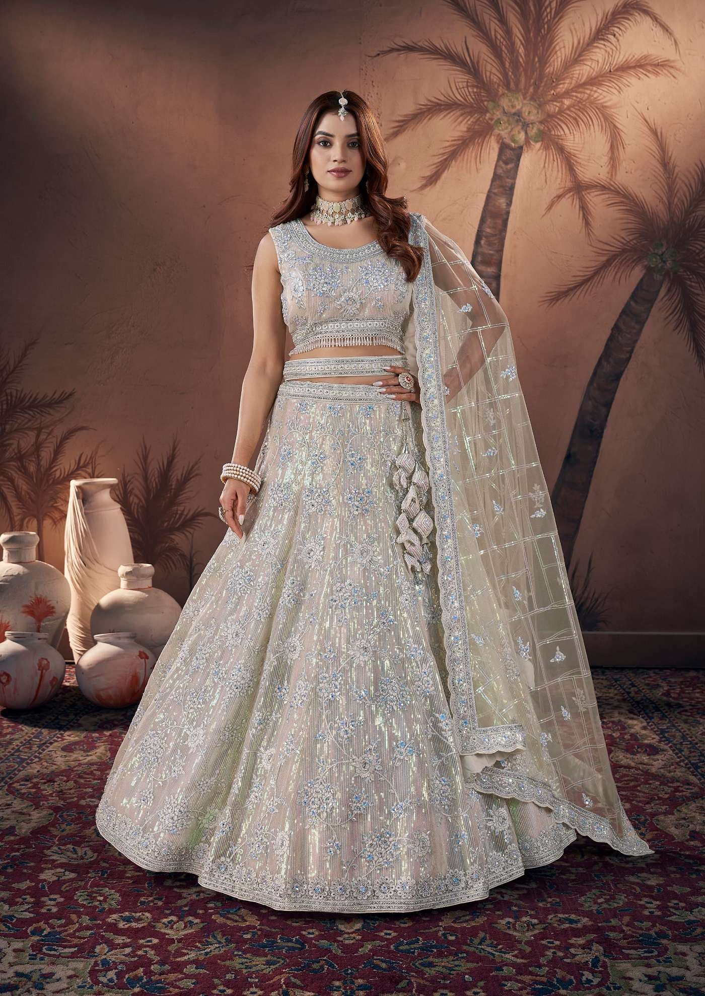 BEST QUALITY INDIAN DESIGNER BOLLYWOOD WEDDING PARTY READY TO WEAR OFF WHITE LEHENGA CHOLI AT WHOLESALE RATE DST 9004