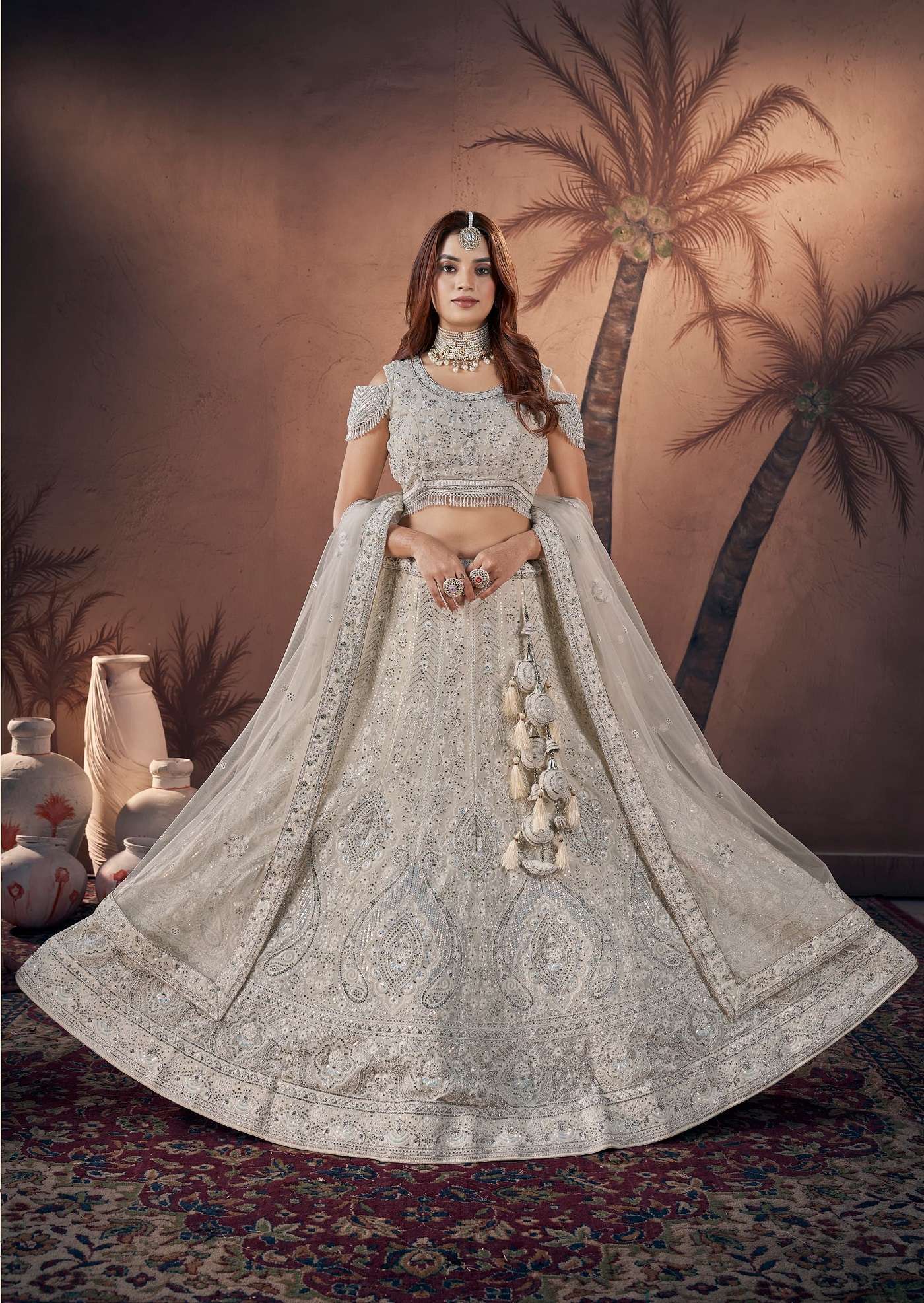 BEST QUALITY INDIAN DESIGNER BOLLYWOOD WEDDING PARTY READY TO WEAR OFF WHITE LEHENGA CHOLI AT WHOLESALE RATE DST 9005