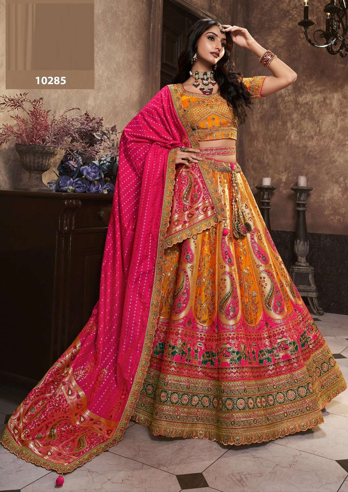 DESIGNER BRIDAL WEDDING PARTY WEAR YELLOW BANARASI SILK LEHENGA CHOLI WITH AARI WORK SM ROYAL 10284