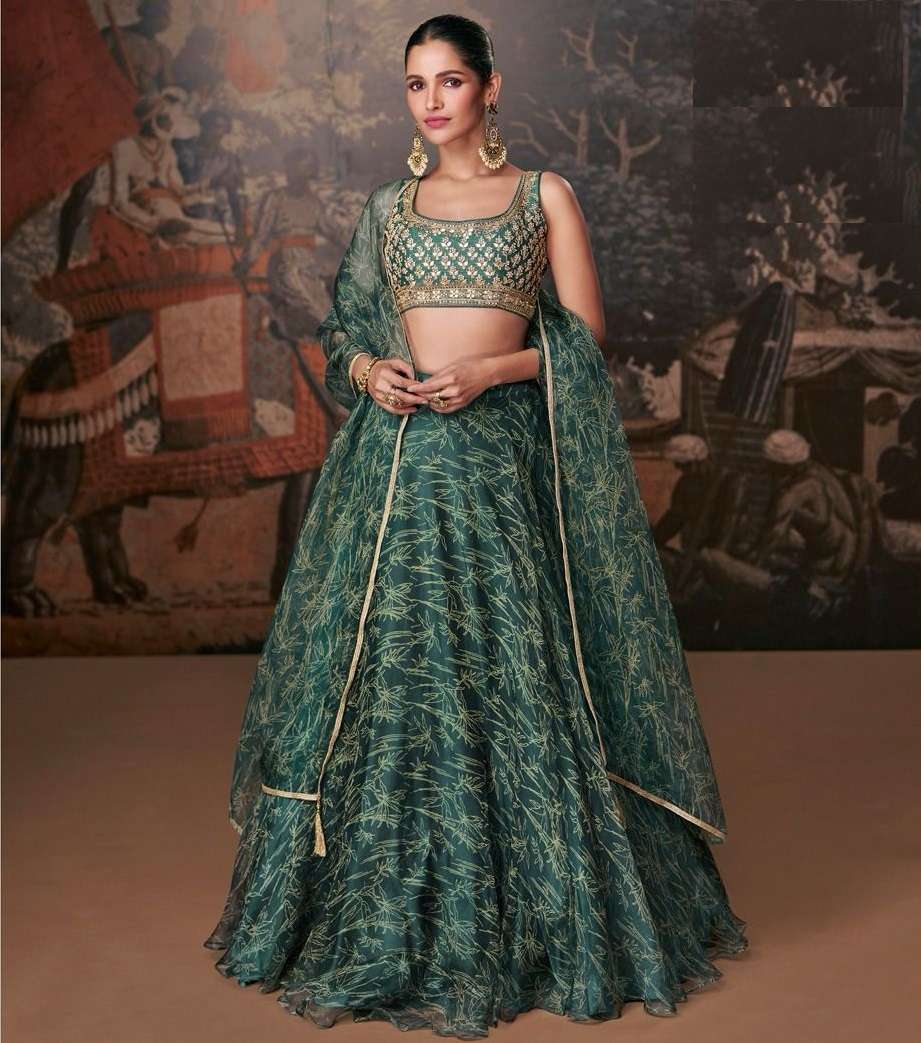 DESIGNER FANCY PARTY WEAR GREEN ORGANZA SILK INDIAN LEHENGA CHOLI SY MIRANA 5411