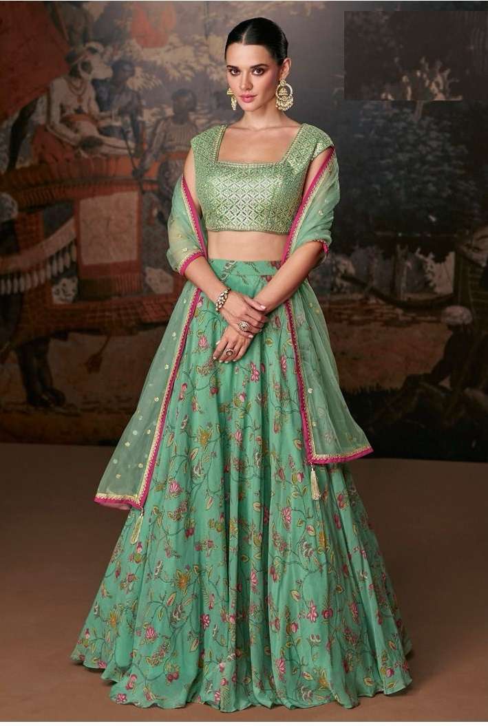 DESIGNER FANCY PARTY WEAR GREEN ORGANZA SILK INDIAN LEHENGA CHOLI SY MIRANA 5413