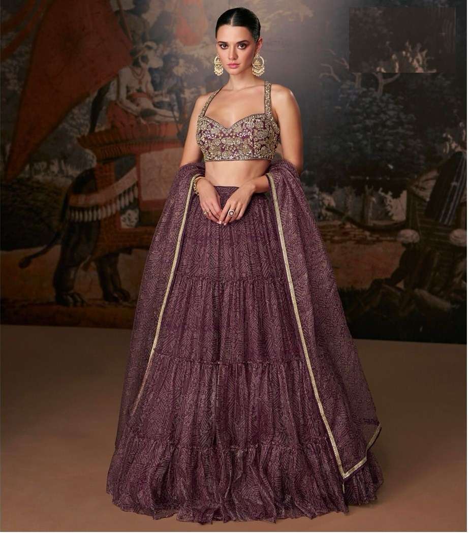 DESIGNER FANCY PARTY WEAR WINE ORGANZA SILK INDIAN LEHENGA CHOLI SY MIRANA 5412