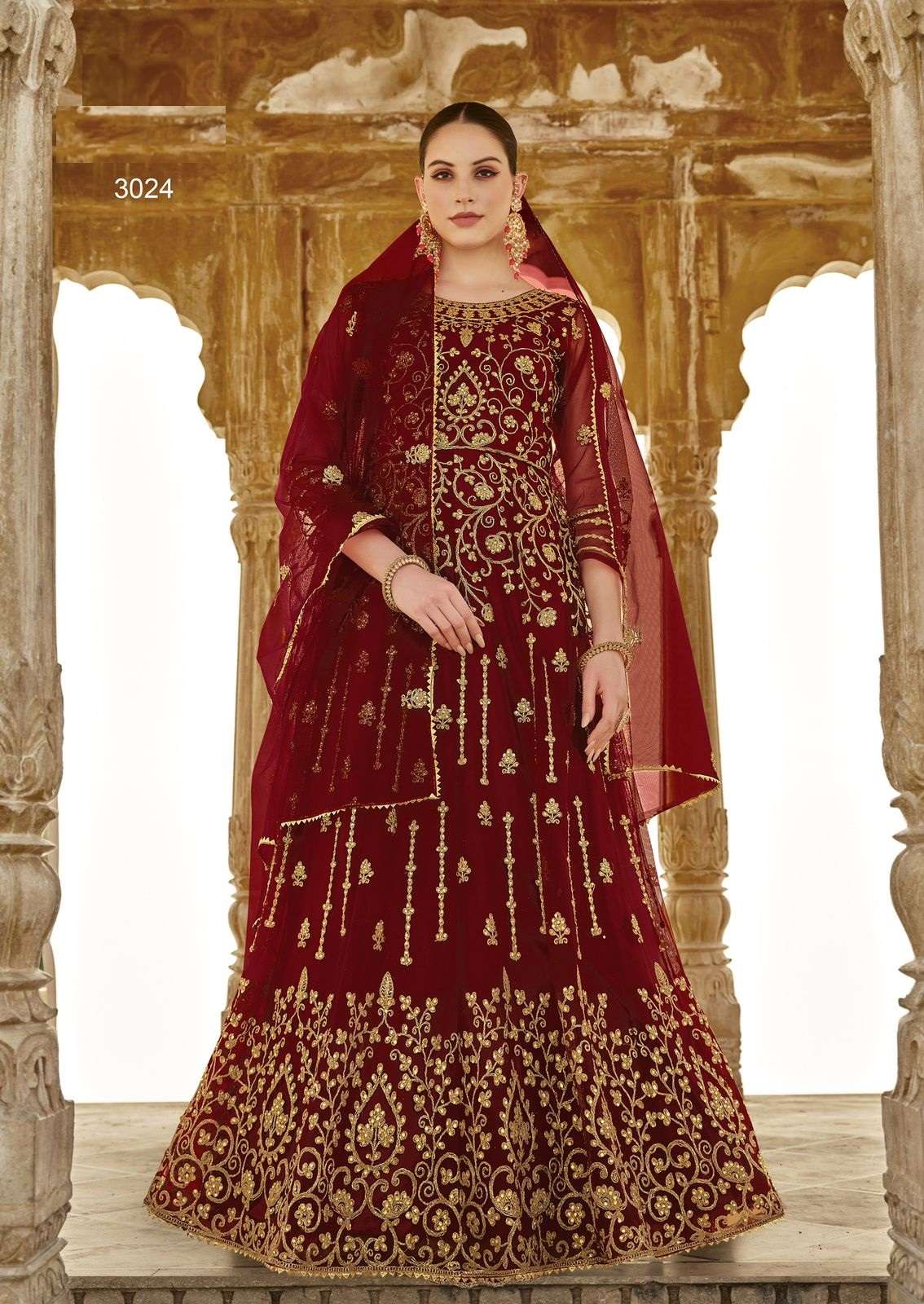 DESIGNER FANCY WEDDING BRIDAL PARTY WEAR BUTTERFLY NET RED ANARKALI SALWAR SUIT GOWN SENHORA NIRJALA 3024