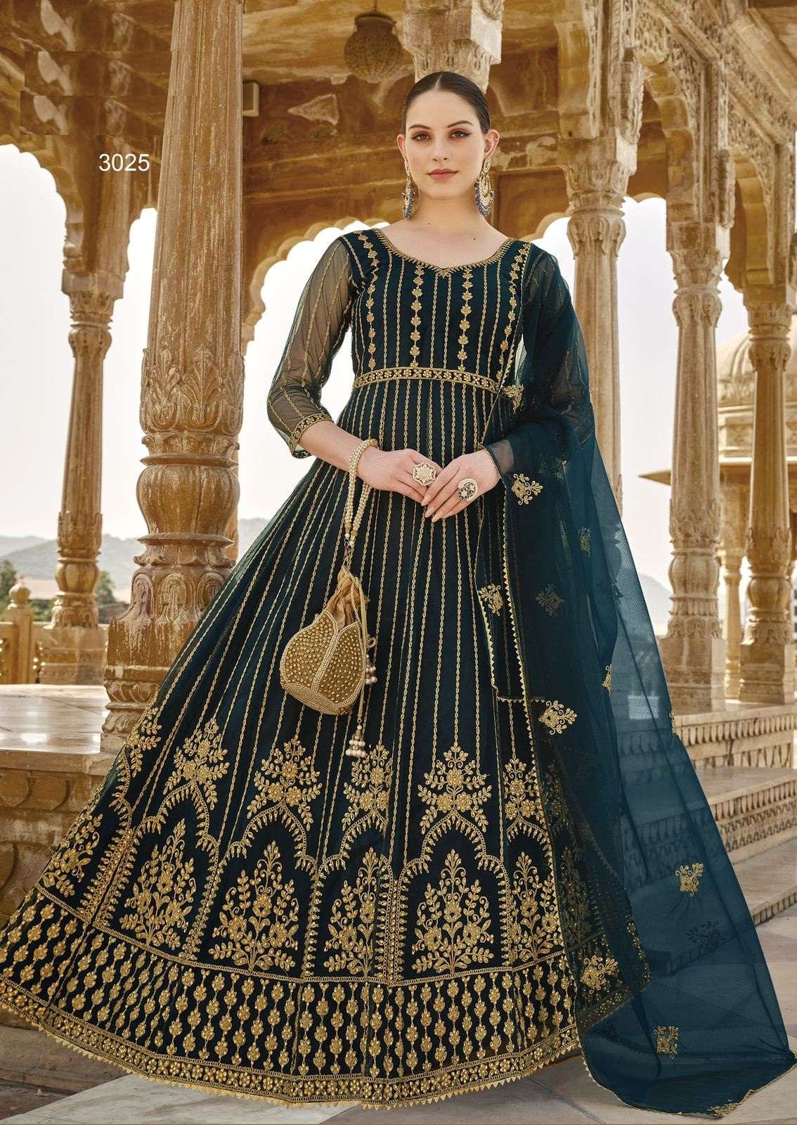 DESIGNER FANCY WEDDING BRIDAL PARTY WEAR BUTTERFLY NET RAMA BLUE ANARKALI SALWAR SUIT GOWN SENHORA NIRJALA 3025