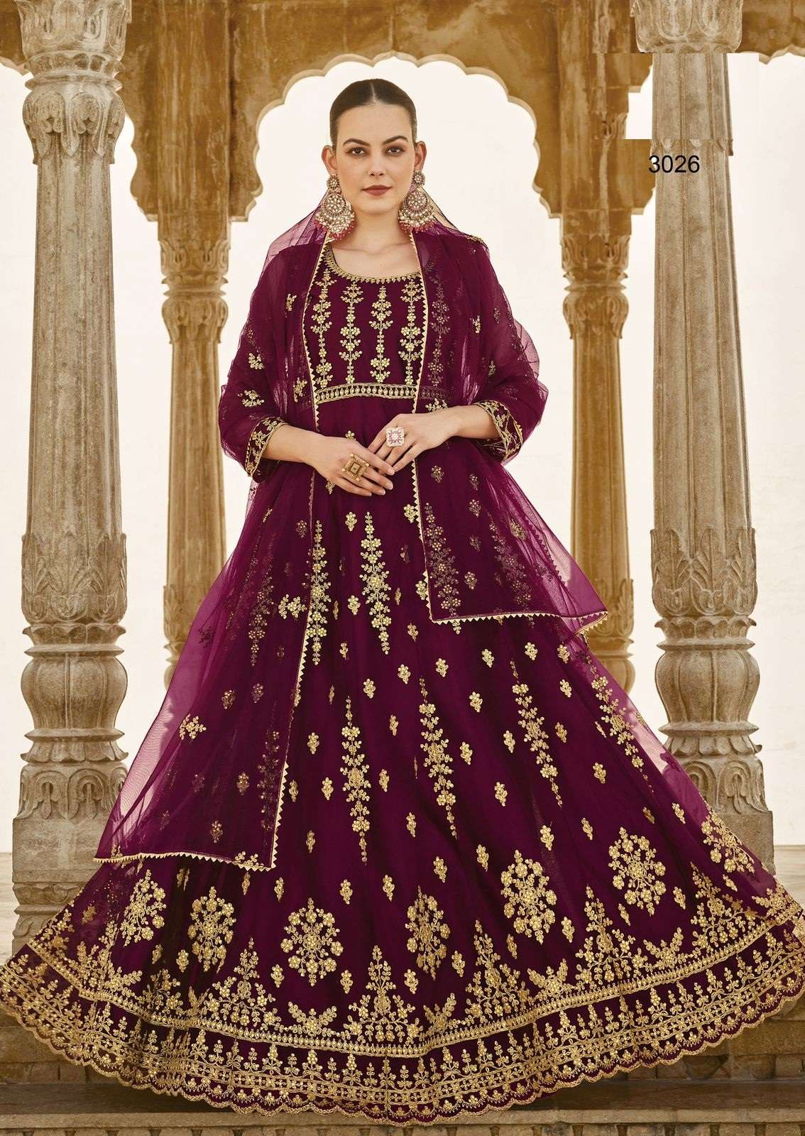 DESIGNER FANCY WEDDING BRIDAL PARTY WEAR BUTTERFLY NET WINE ANARKALI SALWAR SUIT GOWN SENHORA NIRJALA 3026