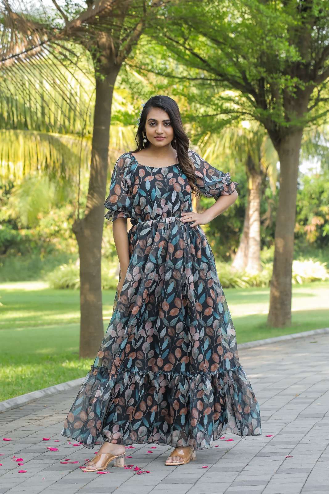 DESIGNER FANCY WEDDING PARTY WEAR BLACK FLORAL PRINTED GEORGETTE ANARKALI SALWAR SUIT GOWN AHVN 716