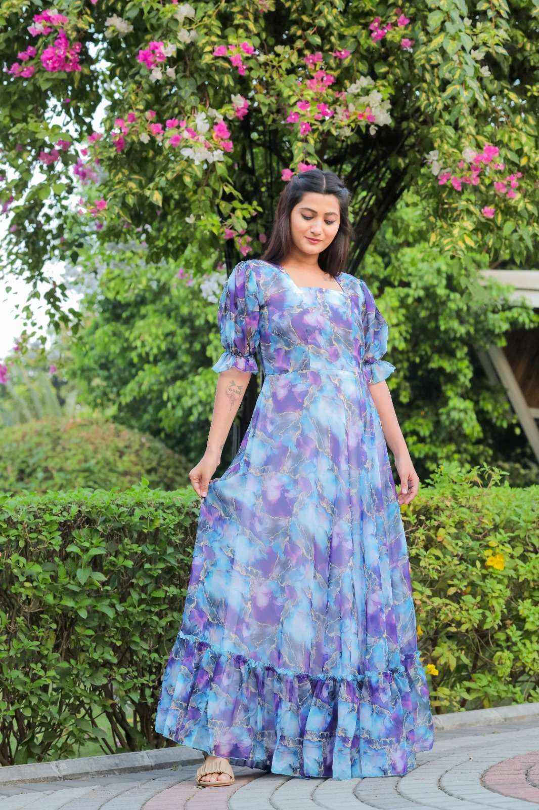 DESIGNER FANCY WEDDING PARTY WEAR BLUE FLORAL PRINTED GEORGETTE ANARKALI SALWAR SUIT GOWN AHVN 710