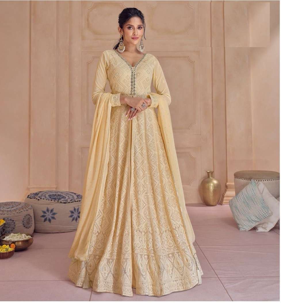 DESIGNER FANCY WEDDING PARTY WEAR CHIKU GEORGETTE ANARKALI SALWAR SUIT GOWN DRESS SY SAIRA 5438