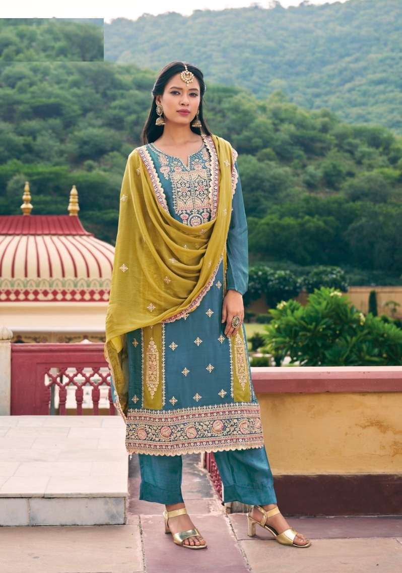 DESIGNER FANCY WEDDING PARTY WEAR CHINON BLUE SALWAR SUIT WITH HEAVY DUPATTA RH KAVYA 1001