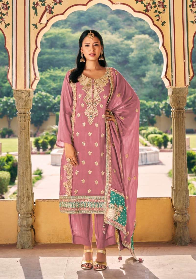 DESIGNER FANCY WEDDING PARTY WEAR CHINON PINK SALWAR SUIT WITH HEAVY DUPATTA RH KAVYA 1004