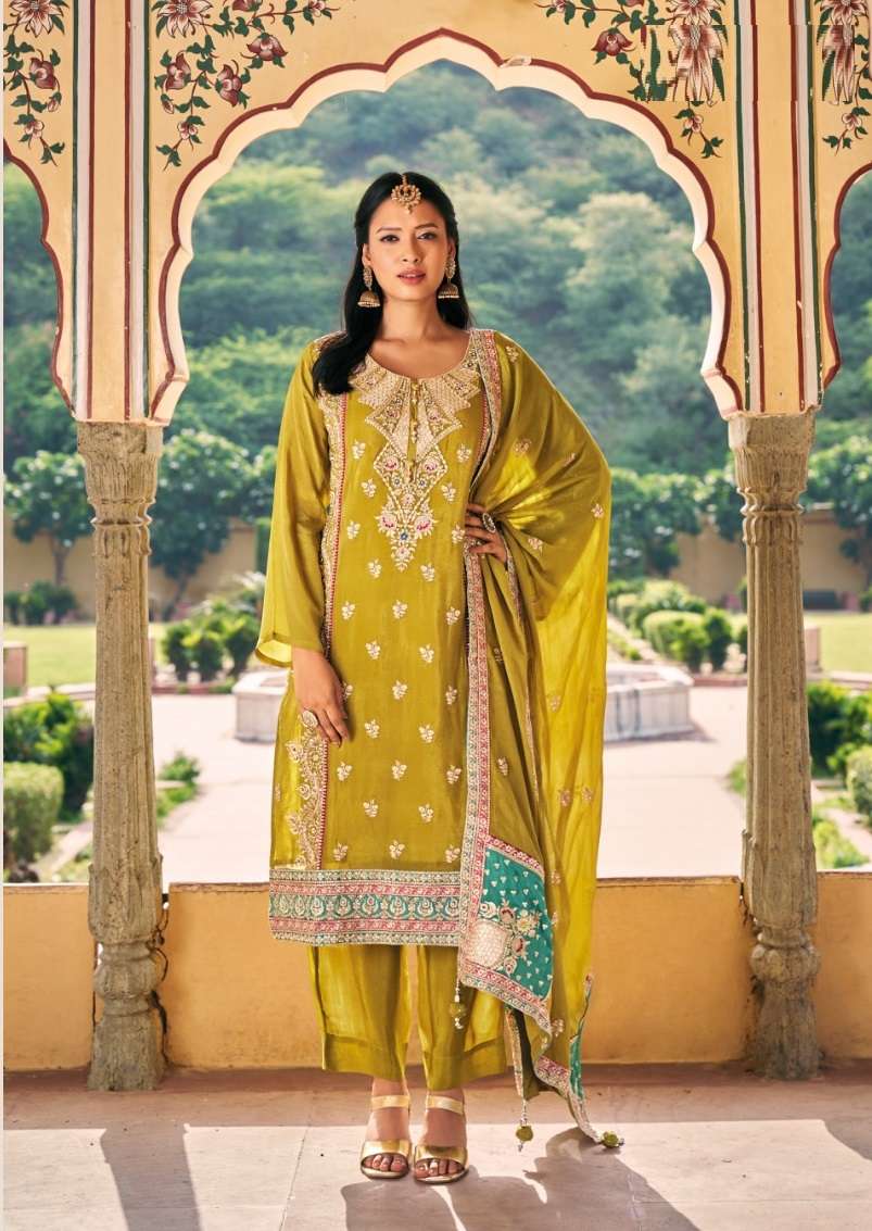 DESIGNER FANCY WEDDING PARTY WEAR CHINON YELLOW SALWAR SUIT WITH HEAVY DUPATTA RH KAVYA 1002