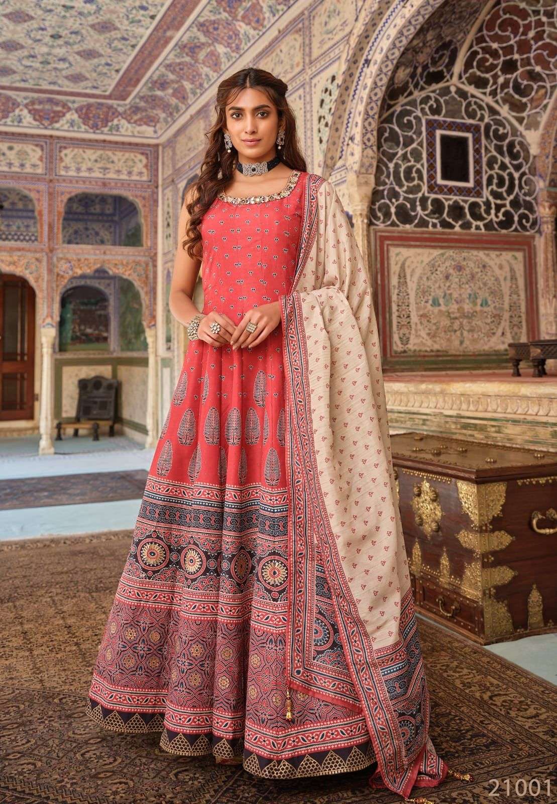 DESIGNER FANCY WEDDING PARTY WEAR DOLA JAQUARD SILK RED ANARKALI SALWAR SUIT GOWN DRESS DST VRST AJRAKH 21001