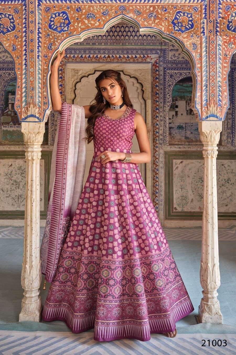 DESIGNER FANCY WEDDING PARTY WEAR DOLA JAQUARD SILK PINK ANARKALI SALWAR SUIT GOWN DRESS DST VRST AJRAKH 21003