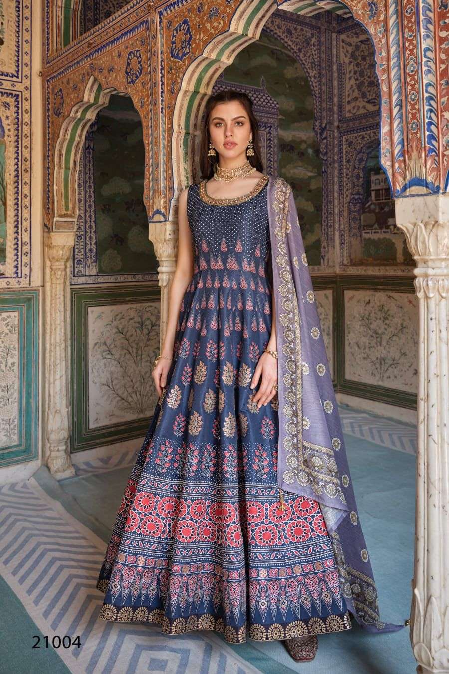 DESIGNER FANCY WEDDING PARTY WEAR DOLA JAQUARD SILK BLUE ANARKALI SALWAR SUIT GOWN DRESS DST VRST AJRAKH 21004