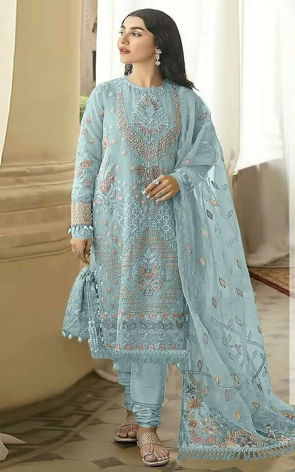 DESIGNER FANCY WEDDING PARTY WEAR FAUX GEORGETTE STRAIGHT INDIAN PAKISTANI SKY BLUE SALWAR SUIT CPR 5428C