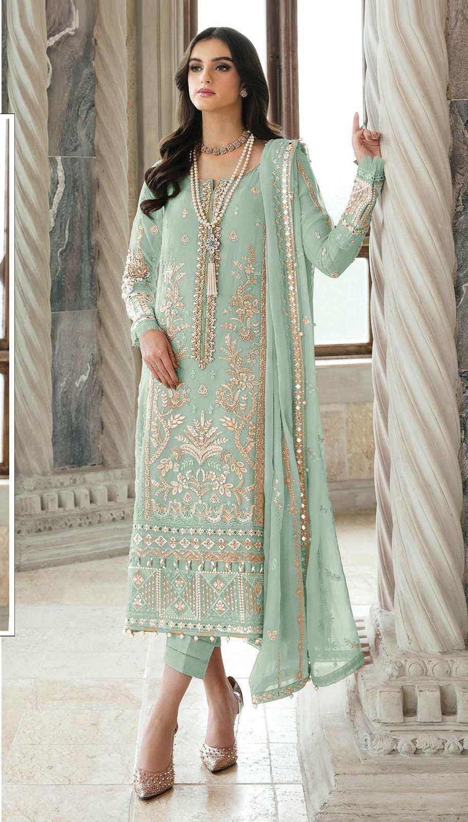 DESIGNER FANCY WEDDING PARTY WEAR FAUX GEORGETTE STRAIGHT INDIAN PAKISTANI GREEN SALWAR SUIT CPR 1037 B