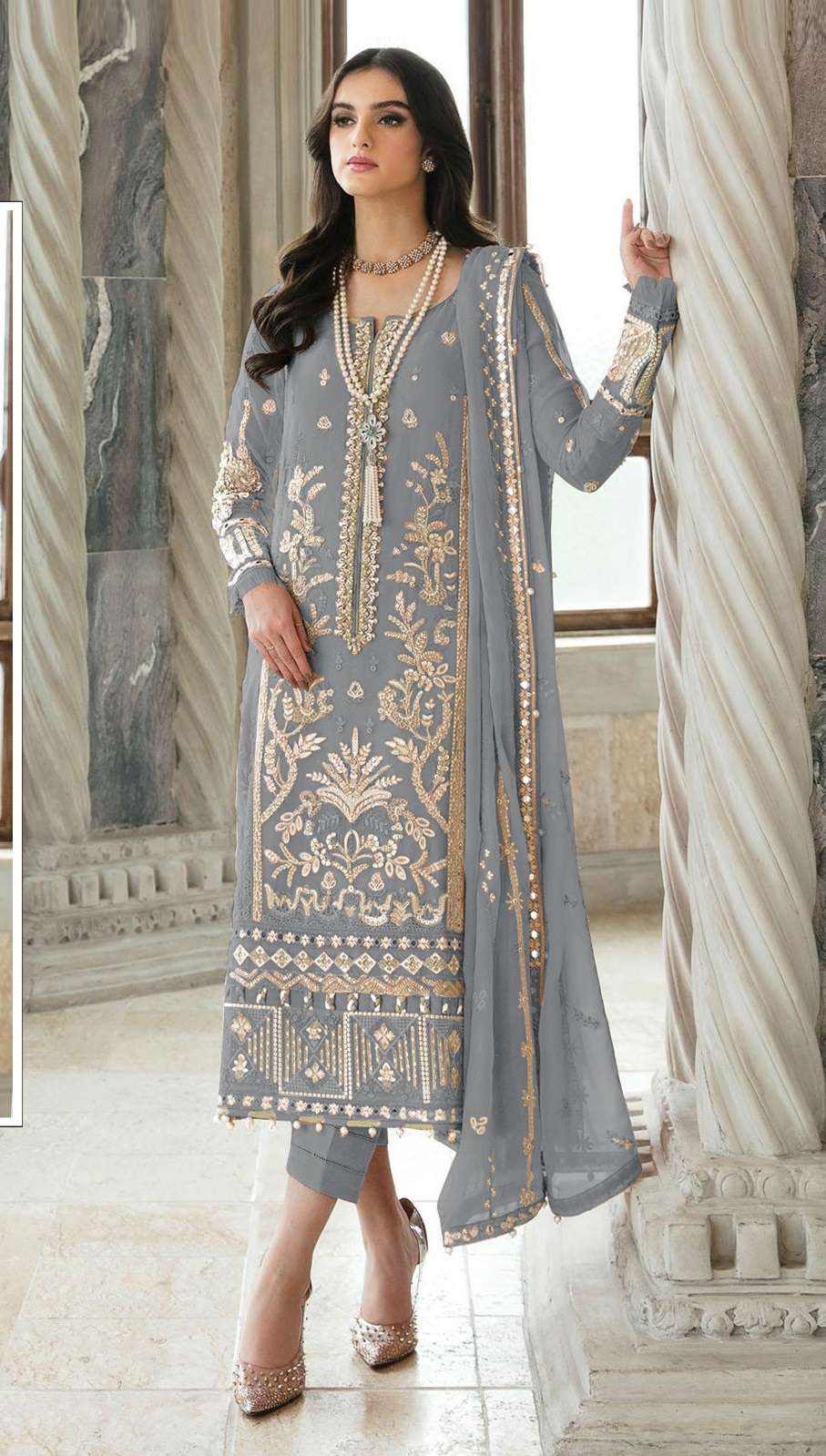 DESIGNER FANCY WEDDING PARTY WEAR FAUX GEORGETTE STRAIGHT INDIAN PAKISTANI GREY SALWAR SUIT CPR 1037 D