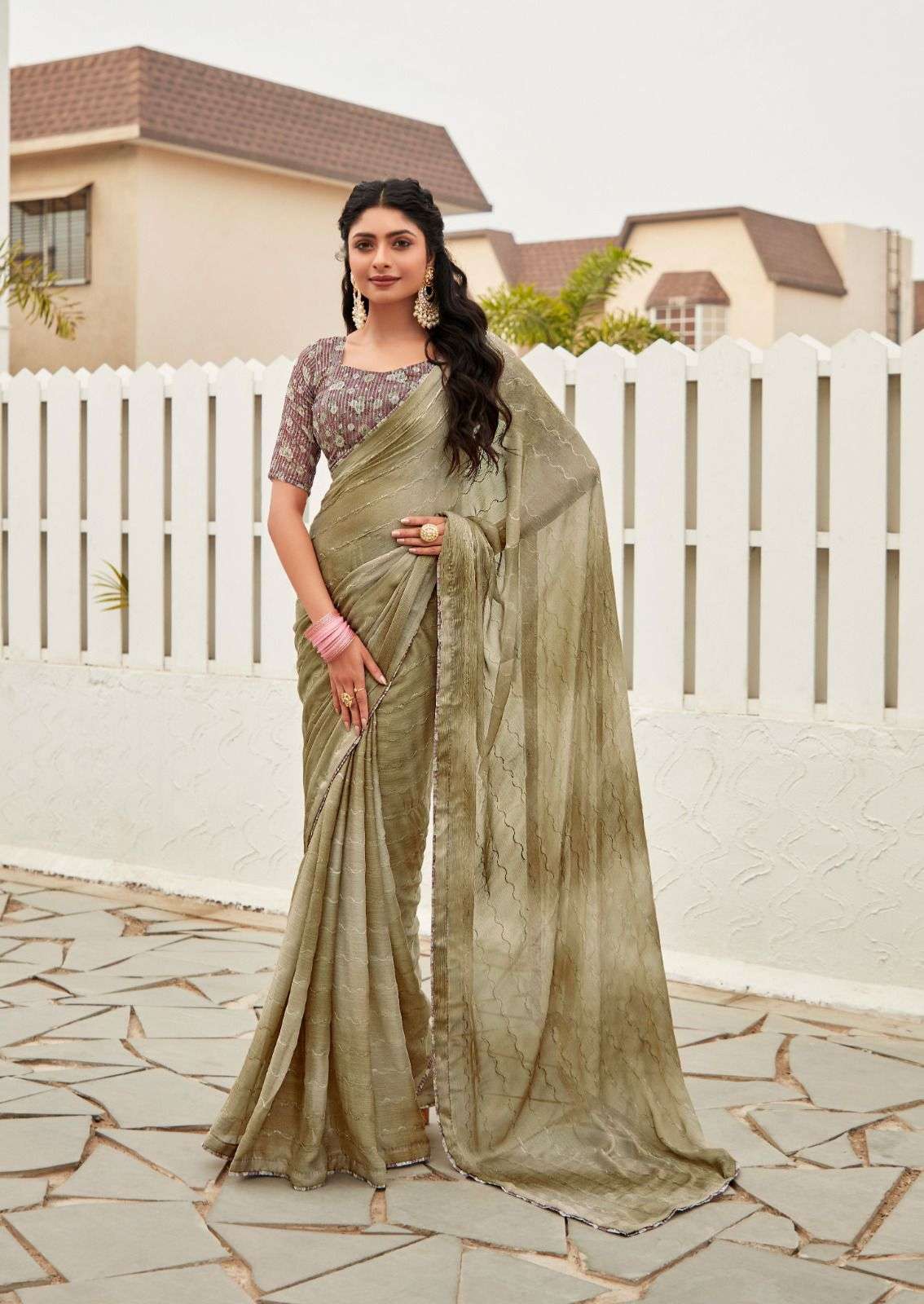 DESIGNER FANCY WEDDING PARTY WEAR INDIAN BEIGE CHIFFON SILK SAREE SM STAVAN 102