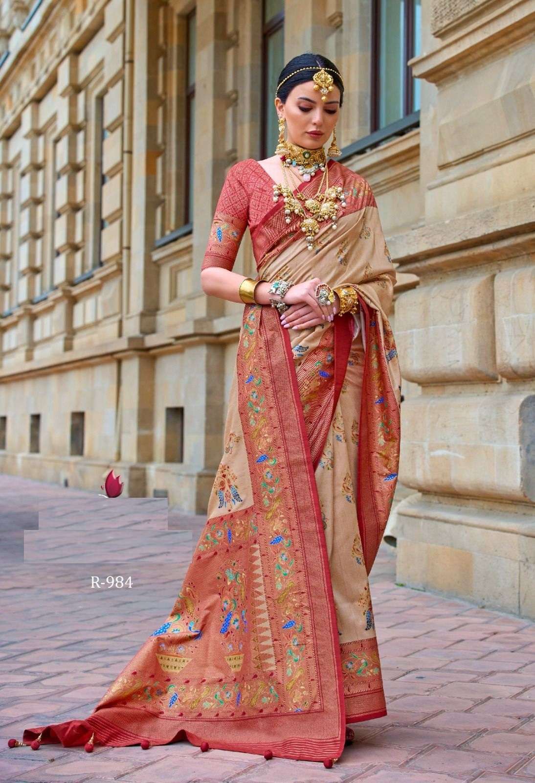 DESIGNER FANCY WEDDING PARTY WEAR INDIAN BEIGE SILK SAREE COLLECTION SM REVAA MILANIO 984