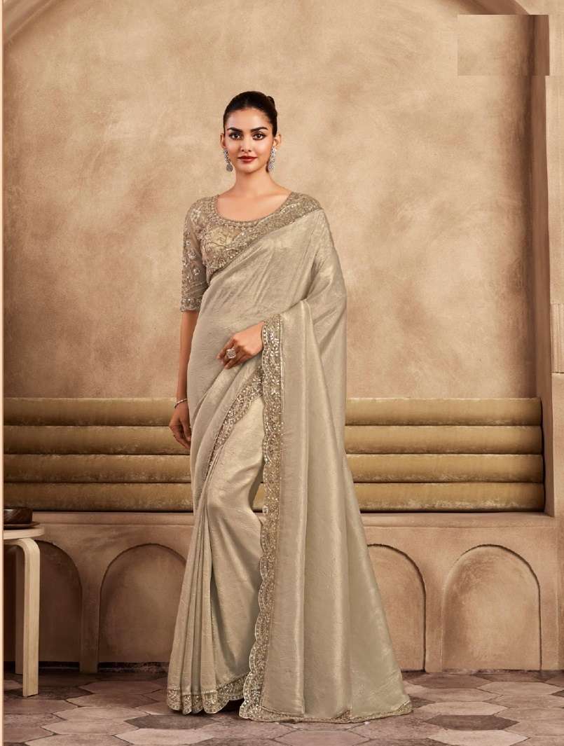 DESIGNER FANCY WEDDING PARTY WEAR INDIAN BEIGE SILK SAREE COLLECTION SM TFH SARVARATNA 7906