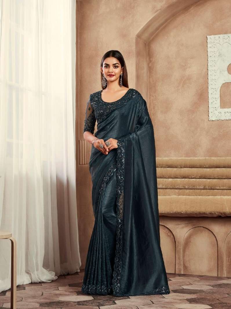 DESIGNER FANCY WEDDING PARTY WEAR INDIAN BLACK SILK SAREE COLLECTION SM TFH SARVARATNA 7903