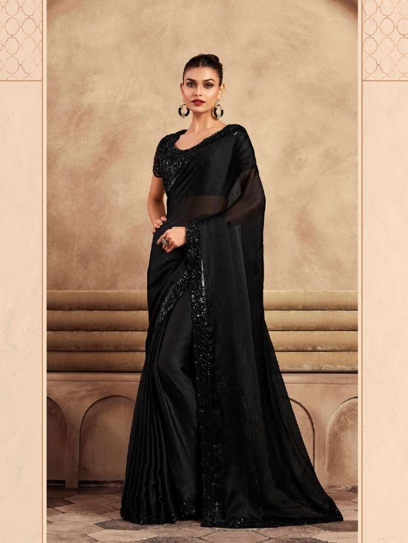 DESIGNER FANCY WEDDING PARTY WEAR INDIAN BLACK SILK SAREE COLLECTION SM TFH SARVARATNA 7910