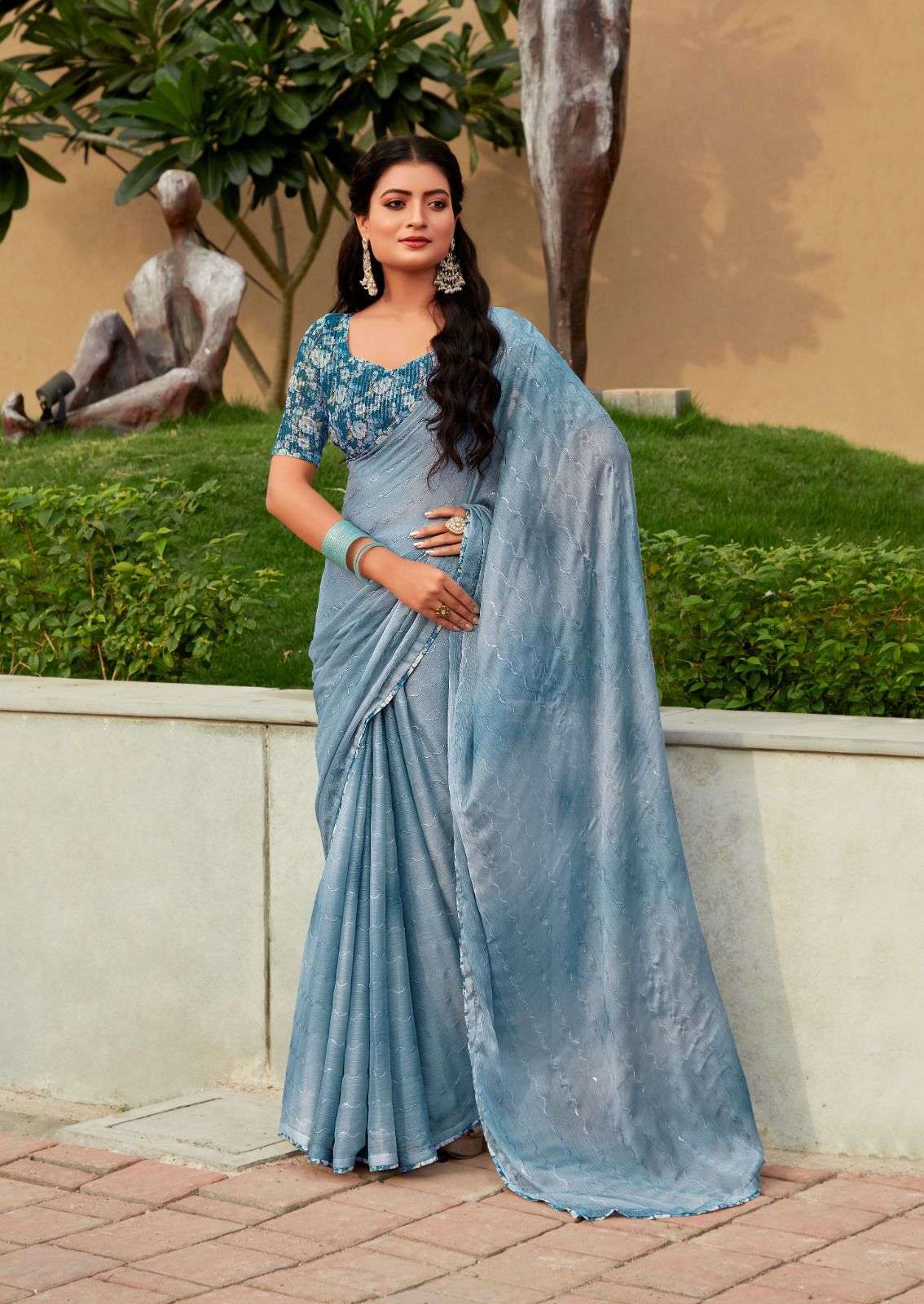 DESIGNER FANCY WEDDING PARTY WEAR INDIAN BLUE CHIFFON SILK SAREE SM STAVAN 104