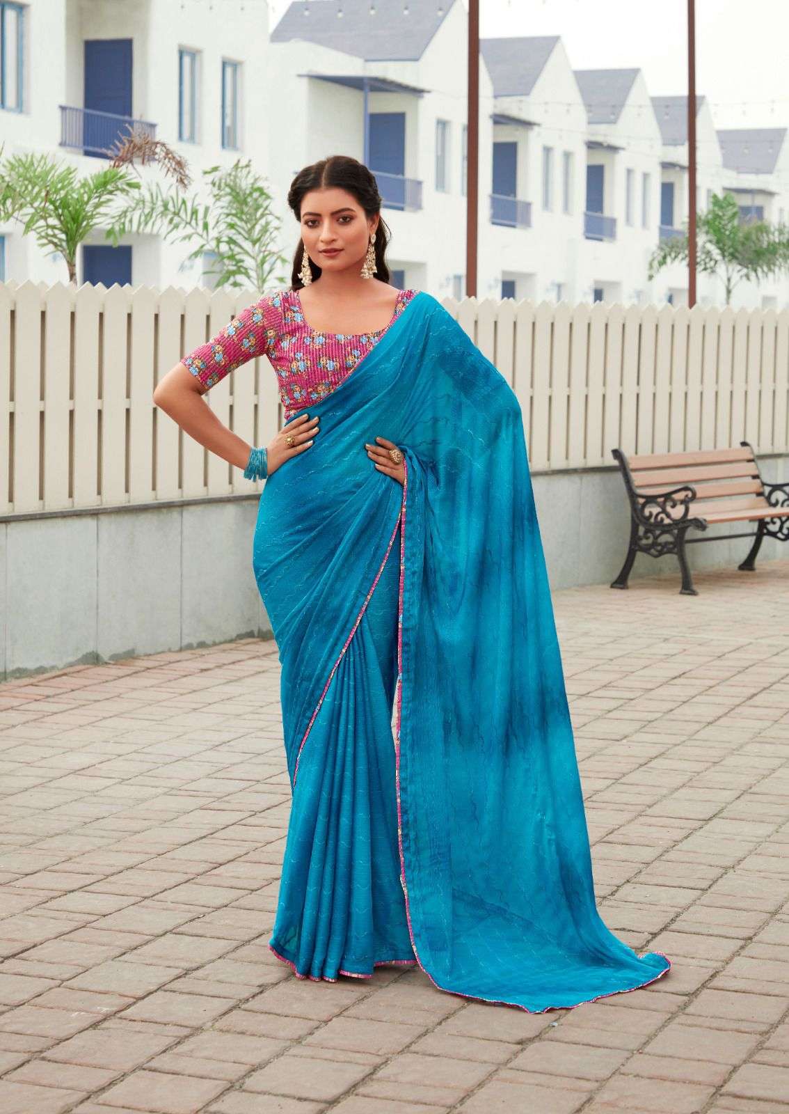 DESIGNER FANCY WEDDING PARTY WEAR INDIAN BLUE CHIFFON SILK SAREE SM STAVAN 106