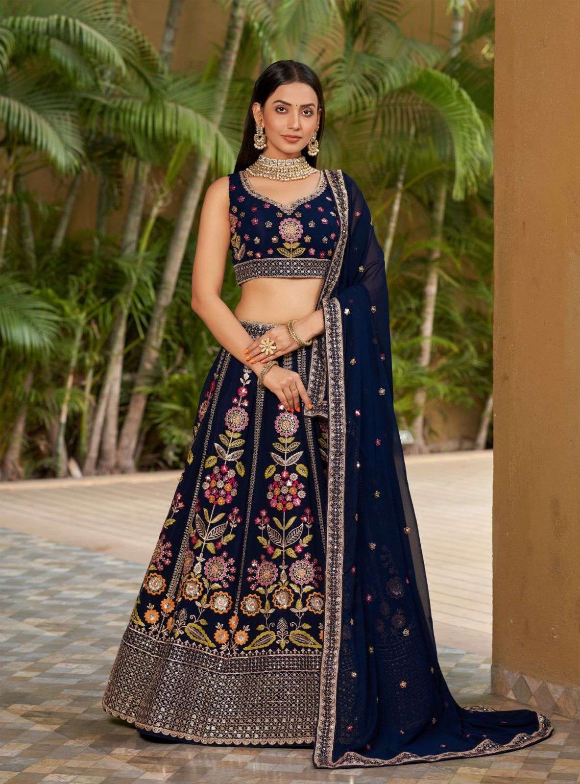 DESIGNER FANCY WEDDING PARTY WEAR INDIAN BLUE GEORGETTE LEHENGA CHOLI WITH DUPATTA DST GOLDEN PALM 8003