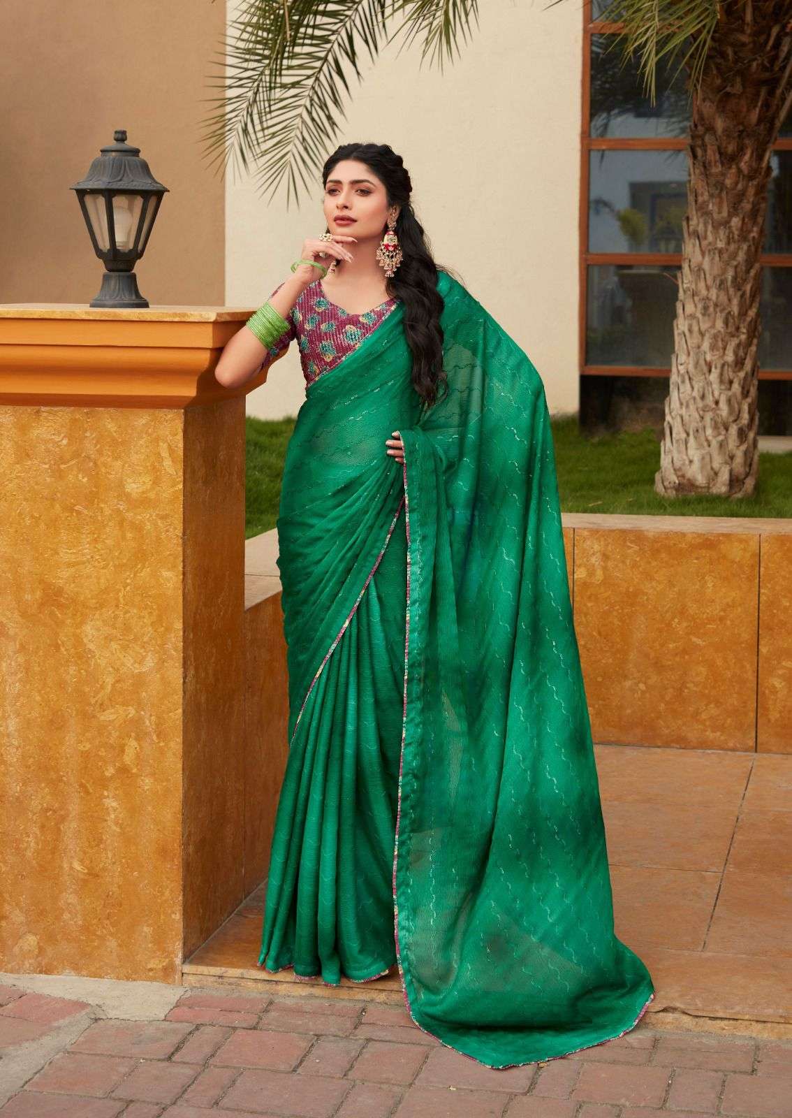 DESIGNER FANCY WEDDING PARTY WEAR INDIAN GREEN CHIFFON SILK SAREE SM STAVAN 108