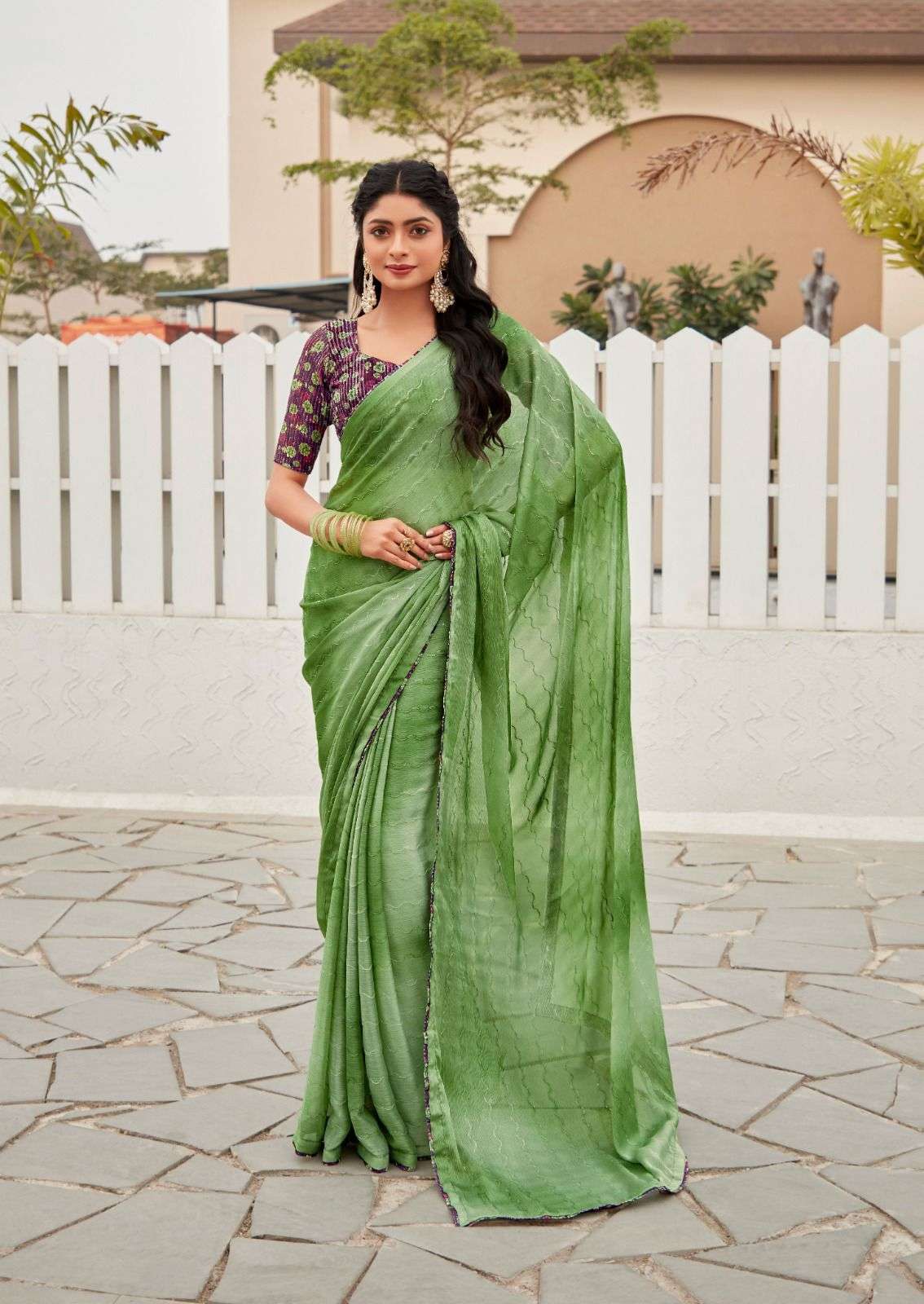 DESIGNER FANCY WEDDING PARTY WEAR INDIAN GREEN CHIFFON SILK SAREE SM STAVAN 110