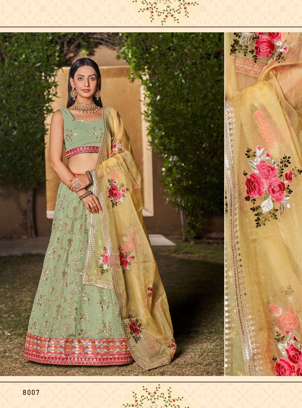 DESIGNER FANCY WEDDING PARTY WEAR INDIAN GREEN GEORGETTE LEHENGA CHOLI WITH DUPATTA DST GOLDEN PALM 8007