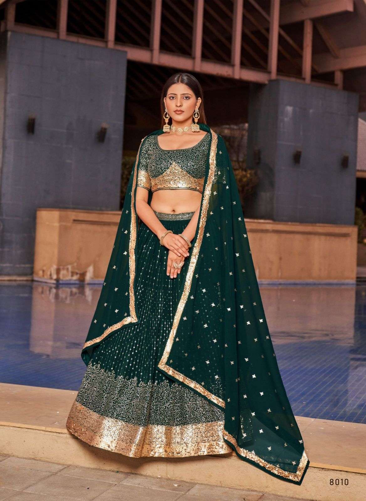 DESIGNER FANCY WEDDING PARTY WEAR INDIAN GREEN GEORGETTE LEHENGA CHOLI WITH DUPATTA DST GOLDEN PALM 8010